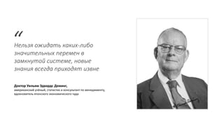 Нельзя ожидать каких-либо
значительных перемен в
замкнутой системе, новые
знания всегда приходят извне
“
Доктор Уильям Эдвардс Деминг,
американский учёный, статистик и консультант по менеджменту,
вдохновитель японского экономического чуда
 