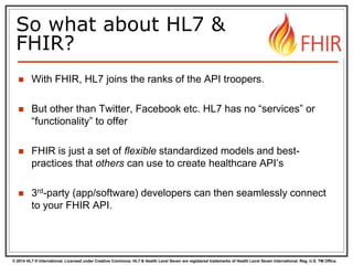 © 2014 HL7 ® International. Licensed under Creative Commons. HL7 & Health Level Seven are registered trademarks of Health Level Seven International. Reg. U.S. TM Office.
So what about HL7 &
FHIR?
 With FHIR, HL7 joins the ranks of the API troopers.
 But other than Twitter, Facebook etc. HL7 has no “services” or
“functionality” to offer
 FHIR is just a set of flexible standardized models and best-
practices that others can use to create healthcare API’s
 3rd-party (app/software) developers can then seamlessly connect
to your FHIR API.
 