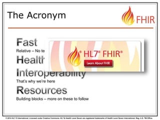 © 2014 HL7 ® International. Licensed under Creative Commons. HL7 & Health Level Seven are registered trademarks of Health Level Seven International. Reg. U.S. TM Office.
Relative – No technology can make integration as fast as we’d like
That’s why we’re here
Building blocks – more on these to follow
The Acronym
 