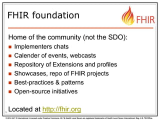 © 2014 HL7 ® International. Licensed under Creative Commons. HL7 & Health Level Seven are registered trademarks of Health Level Seven International. Reg. U.S. TM Office.
FHIR foundation
Home of the community (not the SDO):
 Implementers chats
 Calender of events, webcasts
 Repository of Extensions and profiles
 Showcases, repo of FHIR projects
 Best-practices & patterns
 Open-source initiatives
Located at http://fhir.org76
 
