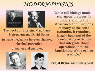 MODERN PHYSICS 
‘While cell biology made 
enormous progress in 
understanding the 
structures and functions 
of many of the cell's 
subunits, it remained 
largely ignorant of the 
coordinating activities 
that integrate those 
operations into the 
functioning of the cell as 
a whole.’ 
Fritjof Capra, The Turning point 
The works of Einstein, Max Plank, 
Heisenberg and David Bohm 
in wave mechanics have emphasized 
the dual properties 
of matter and energies. 
 