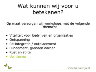 Wat kunnen wij voor u betekenen?  Op maat verzorgen wij workshops met de volgende thema’s:Vitaliteit voor bedrijven en organisatiesOntspanningRe-integratie / outplacementFundament, gronden aardenRust en stilteUw thema