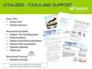 Sales Aids  Action! DVD  Vitalizer brochure Downloads Available Vitalizer 10% AutoShip packs Product bulletins  Vitalizer PowerPoint presentation Vitalizer Flash presentation  Ingredient glossary Vitality quiz   Web-Based Training Shaklee University  VITALIZER - TOOLS AND SUPPORT   * *These statements have not been evaluated by the Food and Drug Administration.  These products are not intended to diagnose, treat, cure, or prevent any disease ™ * * 