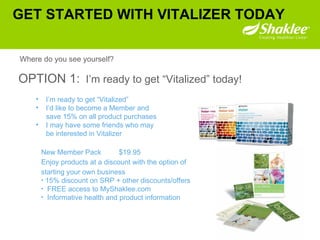 GET STARTED WITH VITALIZER TODAY Where do you see yourself? OPTION 1:   I’m ready to get “Vitalized” today! I’m ready to get “Vitalized”  I’d like to become a Member and   save 15% on all product purchases I may have some friends who may    be interested in Vitalizer   New Member Pack  $19.95 Enjoy products at a discount with the option of starting your own business 15% discount on SRP + other discounts/offers FREE access to MyShaklee.com Informative health and product information 