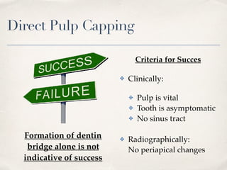 Direct Pulp Capping
Criteria for Succes
✤ Clinically:
✤ Pulp is vital
✤ Tooth is asymptomatic
✤ No sinus tract 
✤ Radiographically: 
No periapical changes
Formation of dentin
bridge alone is not
indicative of success
 