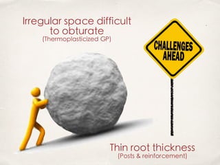 Irregular space difficult
to obturate
(Thermoplasticized GP)
Thin root thickness
(Posts & reinforcement)
 