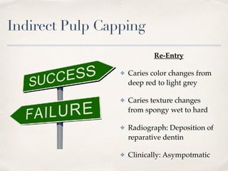 Indirect Pulp Capping
Re-Entry
✤ Caries color changes from
deep red to light grey
✤ Caries texture changes
from spongy wet to hard
✤ Radiograph: Deposition of
reparative dentin
✤ Clinically: Asympotmatic
 