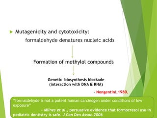  Mutagenicity and cytotoxicity:
formaldehyde denatures nucleic acids
Formation of methylol compounds
Genetic biosynthesis blockade
(interaction with DNA & RNA)
- Nongentini,1980.
“formaldehyde is not a potent human carcinogen under conditions of low
exposure”
- Milnes et al., persuasive evidence that formocresol use in
pediatric dentistry is safe. J Can Den Assoc.2006
 