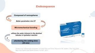 Composed of nanospheres
Micromechanical bonding
shortening the setting time
(20 min)
Better penetration into DT
utilizes the water inherent in the dentinal
tubules in hydration reaction
1
2
Zoufan et al: Cytotoxicity evaluation of Gutta Flow and Endo Sequence BC sealers, Oral Surg Oral
Med Oral Pathol Oral Radiol Endod 112:657, 2011.
Endosequence
 