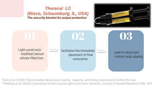 01 02 03
Light cured resin
modified Calcium
silicate filled liner .
facilitates the immediate
placement of final
restoration.
used for direct and
indirect pulp capping.
Theracal LC
(Bisco, Schaumburg, IL, USA)
The security blanket for pulpal protection
*Suh et al (2008) Polymerizable dental pulp healing, capping, and lining material and method for use.
**Hebling et al (2009) Cytotoxicity of resin-based light-cures liner cements. Journal of Dental Research 87B, 470.
 