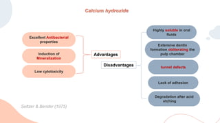 Highly soluble in oral
fluids
Low cytotoxicity
Lack of adhesion
Excellent Antibacterial
properties
Extensive dentin
formation obliterating the
pulp chamber
Induction of
Mineralization
tunnel defects
Degradation after acid
etching
Seltzer & Bender (1975)
Advantages
Disadvantages
Calcium hydroxide
 