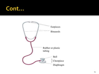 60
Earpieces
Binaurals
Rubber or plastic
tubing
Bell
Chestpiece
Diaphragm
 