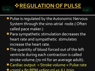 Pulse is regulated by the Autonomic Nervous
System through the sino-atrial node.( Often
called pace maker.)
 Para sympathetic stimulation decreases the
heart rate and sympathetic stimulates
increase the heart rate.
 The quantity of blood forced out of the left
ventricle during each contraction is called
stroke volume.(70 ml for an average adult).
 Cardiac output = Stroke volume × Pulse rate

 