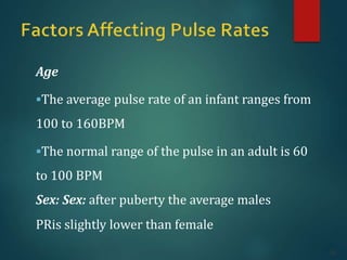 Age
The average pulse rate of an infant ranges from
100 to 160BPM
The normal range of the pulse in an adult is 60
to 100 BPM
Sex: Sex: after puberty the average males
PRis slightly lower than female
30
 