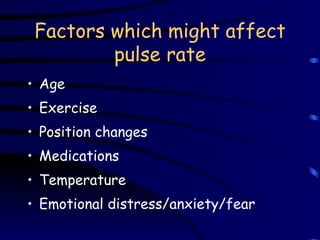 Factors which might affect pulse rate Age Exercise Position changes Medications Temperature Emotional distress/anxiety/fear 