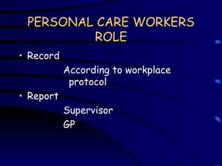 PERSONAL CARE WORKERS ROLE Record According to workplace protocol Report Supervisor GP 