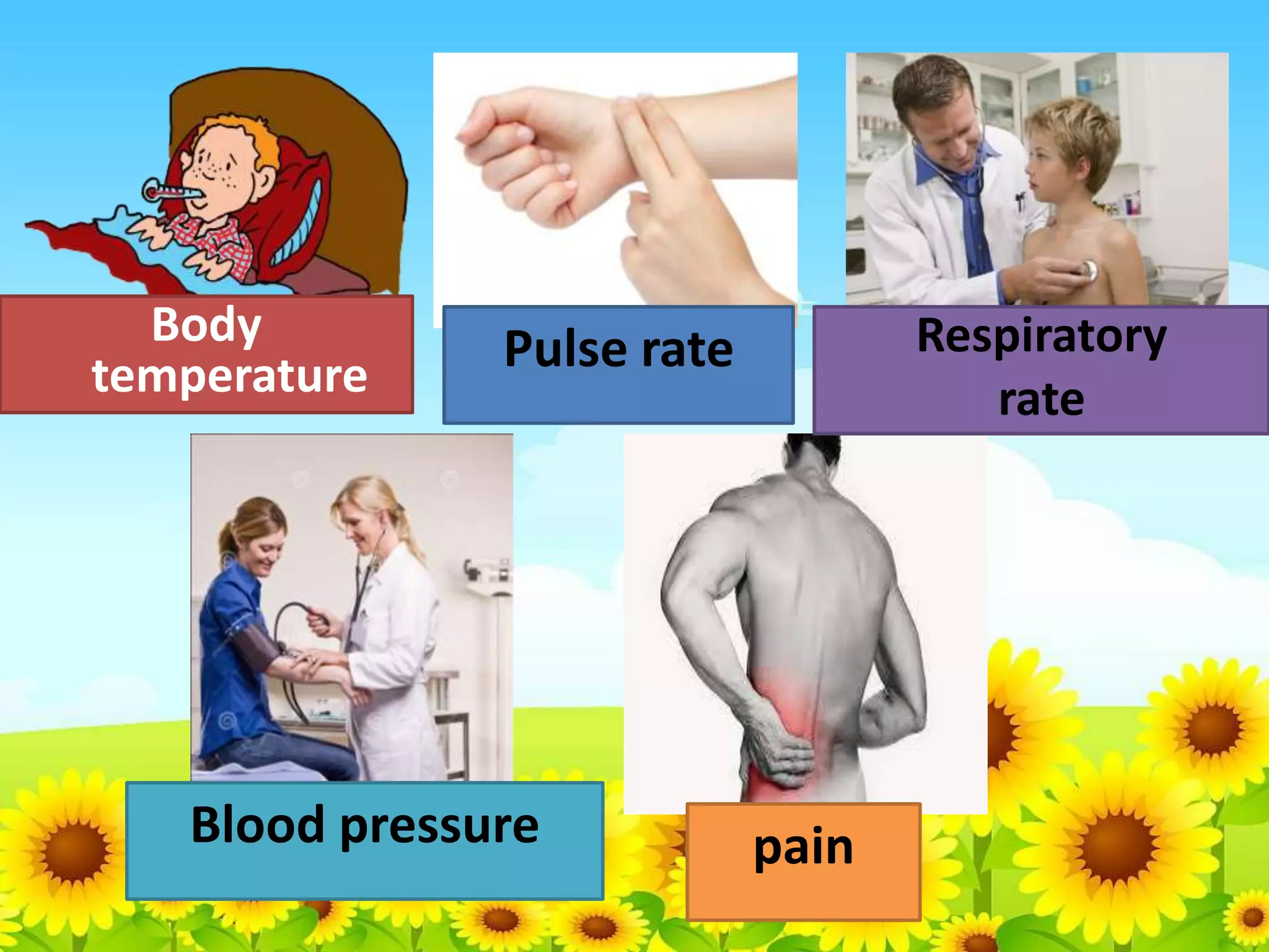 Body
temperature
Respiratory
rate
Pulse rate
Blood pressure
pain