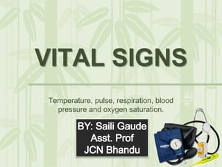 VITAL SIGNS
Temperature, pulse, respiration, blood
pressure and oxygen saturation.
 