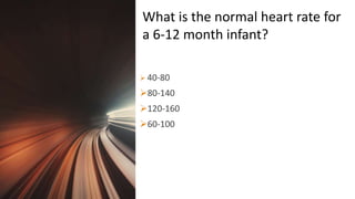 Title Lorem
Ipsum Dolor  40-80
80-140
120-160
60-100
What is the normal heart rate for
a 6-12 month infant?
 