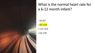 Title Lorem
Ipsum Dolor  40-80
80-140
120-160
60-100
What is the normal heart rate for
a 6-12 month infant?
 
