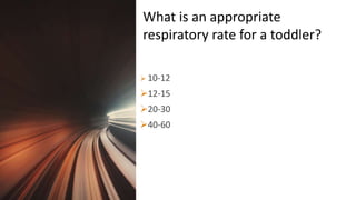 Title Lorem
Ipsum Dolor  10-12
12-15
20-30
40-60
What is an appropriate
respiratory rate for a toddler?
 