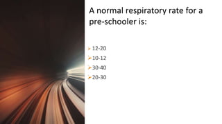 Title Lorem
Ipsum Dolor  12-20
10-12
30-40
20-30
A normal respiratory rate for a
pre-schooler is:
 