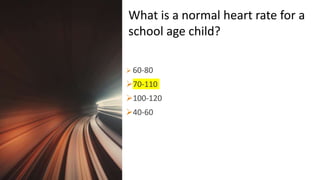 Title Lorem
Ipsum Dolor  60-80
70-110
100-120
40-60
What is a normal heart rate for a
school age child?
 