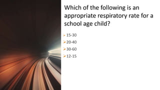 Title Lorem
Ipsum Dolor  15-30
20-40
30-60
12-15
Which of the following is an
appropriate respiratory rate for a
school age child?
 
