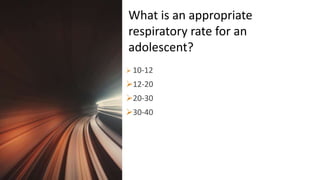 Title Lorem
Ipsum Dolor  10-12
12-20
20-30
30-40
What is an appropriate
respiratory rate for an
adolescent?
 