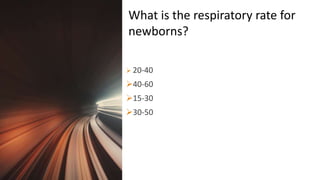 Title Lorem
Ipsum Dolor  20-40
40-60
15-30
30-50
What is the respiratory rate for
newborns?
 