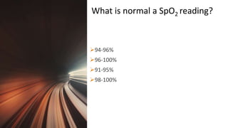 Title Lorem
Ipsum Dolor 94-96%
96-100%
91-95%
98-100%
What is normal a SpO2 reading?
 