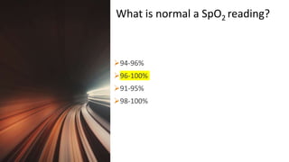 Title Lorem
Ipsum Dolor 94-96%
96-100%
91-95%
98-100%
What is normal a SpO2 reading?
 