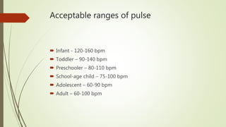 Acceptable ranges of pulse
 Infant - 120-160 bpm
 Toddler – 90-140 bpm
 Preschooler – 80-110 bpm
 School-age child – 75-100 bpm
 Adolescent – 60-90 bpm
 Adult – 60-100 bpm
 