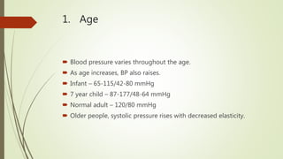 1. Age
 Blood pressure varies throughout the age.
 As age increases, BP also raises.
 Infant – 65-115/42-80 mmHg
 7 year child – 87-177/48-64 mmHg
 Normal adult – 120/80 mmHg
 Older people, systolic pressure rises with decreased elasticity.
 