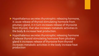  Hypothalamus secretes thyrotrophic releasing hormone,
it cause release of thyroid stimulating hormone from
pituitary gland, it in turn increases release of thyroxine
from thyroid, that also increases metabolic activities in
the body & increase heat production.
 Hypothalamus secretes thyrotrophic releasing hormone
it release thyroid stimulating hormone from pituitary
gland it increases release of thyroxine from thyroid
increases metabolic activities in the body increase heat
production
 