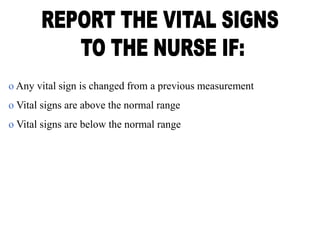 o Any vital sign is changed from a previous measurement
o Vital signs are above the normal range
o Vital signs are below the normal range
 