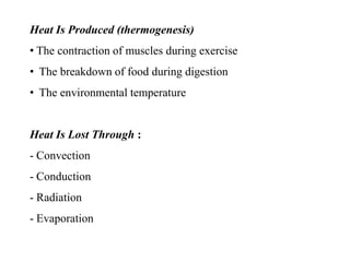 Heat Is Produced (thermogenesis)
• The contraction of muscles during exercise
• The breakdown of food during digestion
• The environmental temperature
Heat Is Lost Through :
- Convection
- Conduction
- Radiation
- Evaporation
 