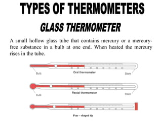 A small hollow glass tube that contains mercury or a mercury-
free substance in a bulb at one end. When heated the mercury
rises in the tube.
Pear – shaped tip
 