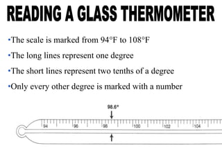 •The scale is marked from 94°F to 108°F
•The long lines represent one degree
•The short lines represent two tenths of a degree
•Only every other degree is marked with a number
 