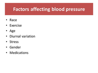 Factors affecting blood pressure
• Race
• Exercise
• Age
• Diurnal variation
• Stress
• Gender
• Medications
 
