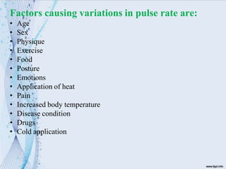 Factors causing variations in pulse rate are:
• Age
• Sex
• Physique
• Exercise
• Food
• Posture
• Emotions
• Application of heat
• Pain
• Increased body temperature
• Disease condition
• Drugs
• Cold application
 