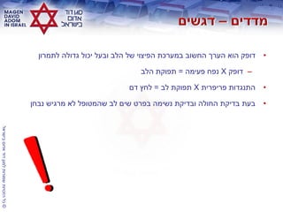 ©‫בישראלĬīאדוŨĬīדודĬīלמגןĬīשמורותĬīהזכויותĬīכלĬ
•‫לתמרון‬ ‫גדולה‬ ‫יכול‬ ‫ובעל‬ ‫הלב‬ ‫של‬ ‫הפיצוי‬ ‫במערכת‬ ‫החשוב‬ ‫הערך‬ ‫הוא‬ ‫דופק‬
–‫דופק‬X‫פעימה‬ ‫נפח‬=‫הלב‬ ‫תפוקת‬
•‫פריפרית‬ ‫התנגדות‬X‫לב‬ ‫תפוקת‬=‫דם‬ ‫לחץ‬
•‫נבחן‬ ‫מרגיש‬ ‫לא‬ ‫שהמטופל‬ ‫לב‬ ‫שים‬ ‫בפרט‬ ‫נשימה‬ ‫ובדיקת‬ ‫החולה‬ ‫בדיקת‬ ‫בעת‬
 