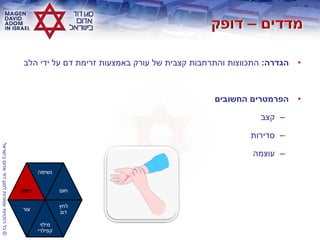 ©‫בישראלĬīאדוŨĬīדודĬīלמגןĬīשמורותĬīהזכויותĬīכלĬ
•‫הגדרה‬:‫הלב‬ ‫ידי‬ ‫על‬ ‫דם‬ ‫זרימת‬ ‫באמצעות‬ ‫עורק‬ ‫של‬ ‫קצבית‬ ‫והתרחבות‬ ‫התכווצות‬
•‫החשובים‬ ‫הפרמטרים‬
–‫קצב‬
–‫סדירות‬
–‫עוצמה‬
‫דופק‬
‫נשימה‬
‫חום‬
‫עור‬
‫מילוי‬
‫קפילרי‬
‫לחץ‬
‫דם‬
 
