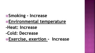 Smoking - Increase
Environmental temperature
-Heat: Increase
-Cold: Decrease
Exercise, exertion - Increase
 