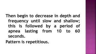 Then begin to decrease in depth and
frequency until slow and shallow;
this is followed by a period of
apnea lasting from 10 to 60
seconds.
Pattern is repetitious.
 