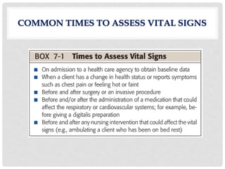 COMMON TIMES TO ASSESS VITAL SIGNS
 