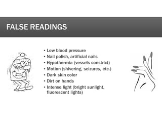 FALSE READINGS
’ Low blood pressure
’ Nail polish, artificial nails
’ Hypothermia (vessels constrict)
’ Motion (shivering, seizures, etc.)
’ Dark skin color
’ Dirt on hands
’ Intense light (bright sunlight,
fluorescent lights)
 