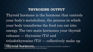 THYROXINE OUTPUT
Increase in thyroxine hormone increases
the rate of cellular metabolism throughout
the body. This is call...