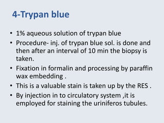 4-Trypan blue
• 1% aqueous solution of trypan blue
• Procedure- inj. of trypan blue sol. is done and
then after an interval of 10 min the biopsy is
taken.
• Fixation in formalin and processing by paraffin
wax embedding .
• This is a valuable stain is taken up by the RES .
• By injection in to circulatory system ,it is
employed for staining the uriniferos tubules.
 