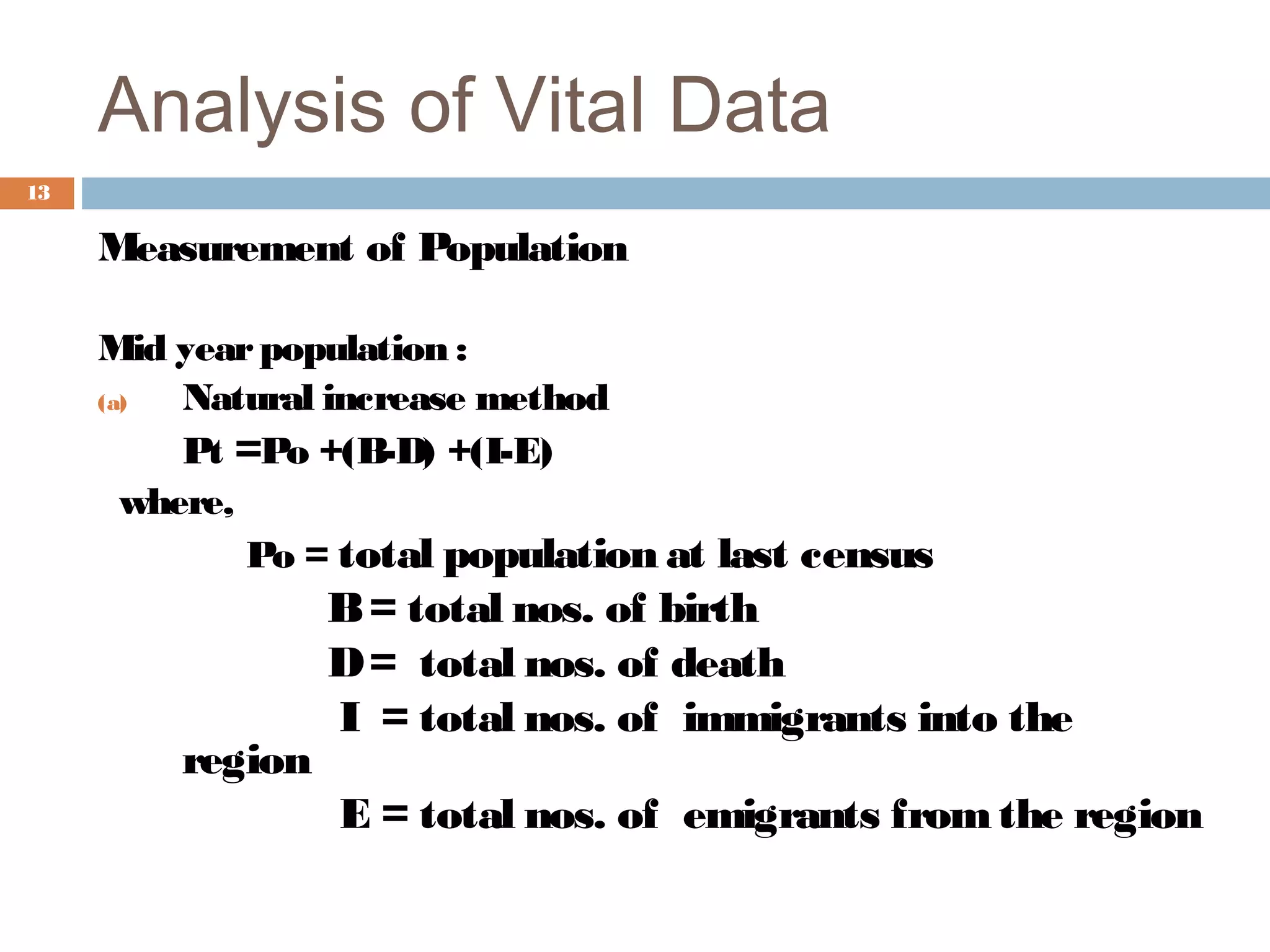 Analysis of Vital Data
13

Measurement of Population
Mid year population :
(a)
Natural increase method
Pt =Po +(B-D) +(I-E)
where,
Po = total population at last census

region

B = total nos. of birth
D = total nos. of death
I = total nos. of immigrants into the
E = total nos. of emigrants from the region

 